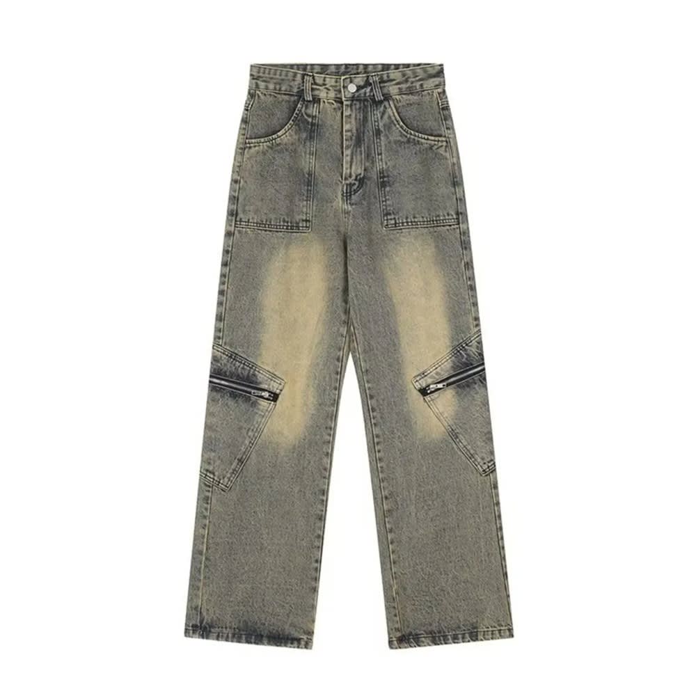 Men's Patchwork High Waisted Retro Slim Denim Cargo Trousers